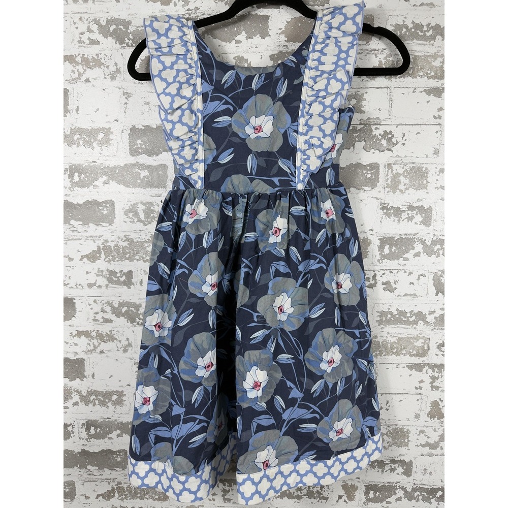 Oopsie Daisy Dress Girls 8 Blue Floral Bow Back Ruffle Sleeveless Cotton Sash